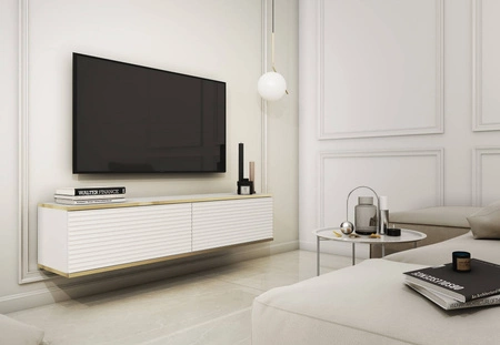 TV-Lowboard Luxury 135 cm Weiß Stilvolle geriffelte Front Korpus verziert mit einer goldenen Leiste begeistert Liebhaber eleganter Arrangements