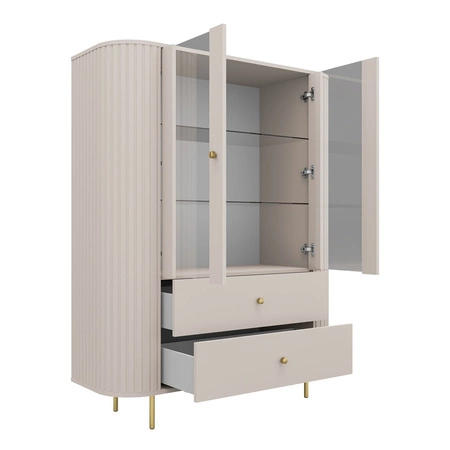 Vitrine Ovalio 123 cm beige Designe rvitrine für das Wohnzimmer in ovaler Form mit dekorativer Fräsung geräumige Schubladen