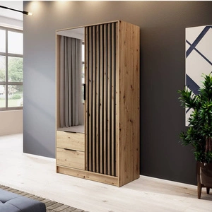 Spiegelschrank Aspen 105 cm artisan Eiche / schwarze Lamellen modernes Möbeldesign Schranktür mit Lamellen verziert