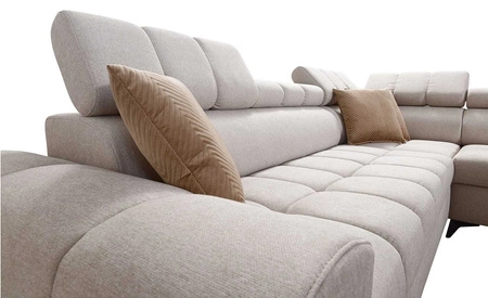 Ecksofa mit Schlaffunktion Bolmso II beige rechtsseitiges Ecksofa mit Bettzeugcontainer Vollauszug in der Seite des Möbels