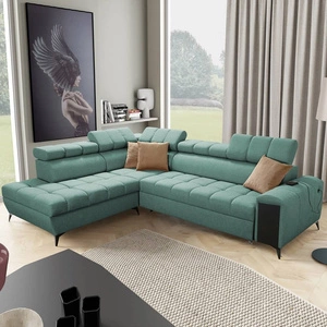 Ecksofa mit Schlaffunktion Bolmso VII mintgrün links elegantes Ecksofa für Wohnzimmer mit Schublade und Bettzeugbehälter