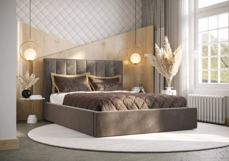 Polsterbett Rinus 180x200 mit Aufbewahrung Hellbraun Modernes skandinavisches Stilbett mit bequemem Kopfteil