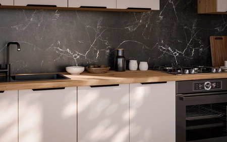 Küchenmöbelset Soela 260 cm elegante Küchenschränke in dezenten und natürlichen Farben Griffe mit Metallkante