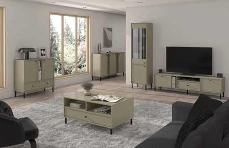 RTV-Schrank Kioto II 180 cm Eukalyptus eleganter TV-Schrank mit geraden Metallbeinen schwarze Griffe