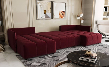 Ecksofa mit Schlaffunktion Oroso U burgunderfarbener Bettkasten weicher Samtstoff mit hydrophober Beschichtung dekorative Steppung
