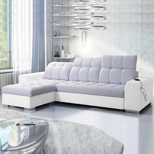 Ecksofa mit Schlaffunktion Luigi Esche Grau / Weiß linksseitig Ecksofa mit zwei Bettkästen Stoff mit interessanter Struktur