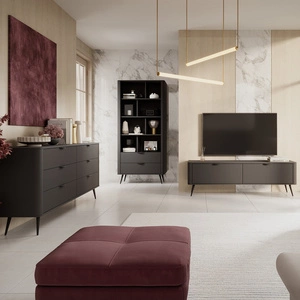 Lante Möbelset schwarze Design-Riffelung auf Möbelfronten Metallkantengriffe und hohe abgewinkelte Beine