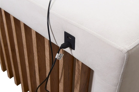 Kelly IV Ecksofa mit Schlaffunktion graue Esche rechts geflochten bequemes Ecksofa verstellbare Kopfstützen seitlich mit Lattenverkleidung