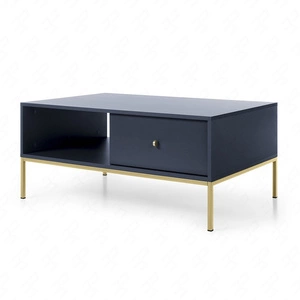 Couchtisch Mono Dunkelblau Mit Schubladen minimalistisches Design Tischplatte beständig gegen verschüttete Flüssigkeiten goldene metallische Elemente