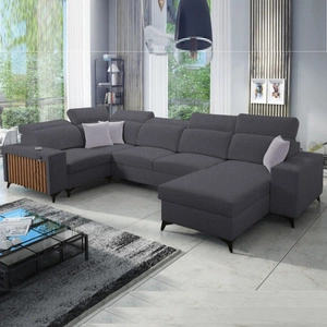 Ecksofa mit Schlaffunktion Kelly IV graphit rechts geflochtenes bequemes Ecksofa verstellbare Kopfstützen seitlich mit Lattenverkleidung