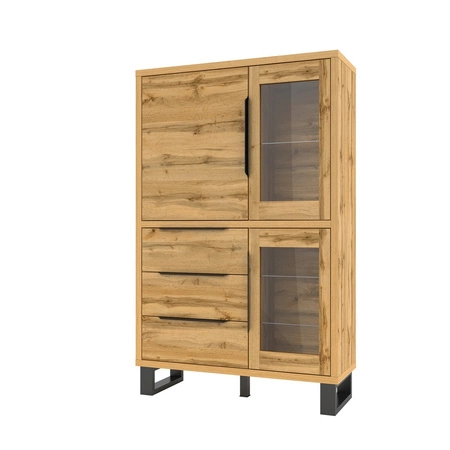 Vitrine Halle 120 cm Eiche wotan minimalistisches Design stilvolle Kante Griff Vitrine mit Schubladen auf einem Metallsockel unterstützt