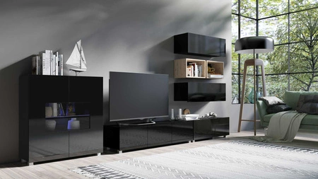 Möbelwand Apulia XXVIII schwarz glänzend / Eiche handwerklich extrem stilvolle Möbelwand einfache Elemente, die in jedes Interieur passen