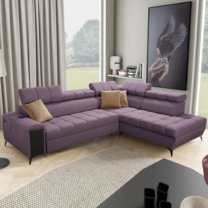 Ecksofa mit Schlaffunktion Bolmso VII violett rechts elegantes Ecksofa für Wohnzimmer mit Schublade und Bettzeugbehälter