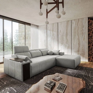 Ecksofa mit Schlaffunktion Tesalia grau Esche rechte Ecke modernes Design komfortable Schiebelehne Schublade in der Seite des Möbels