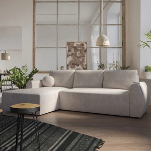 Ecksofa mit Schlaffunktion Colio beige linke Seite stilvolles Ecksofa mit interessanter Form Veloursstoff Zierkissen Ball
