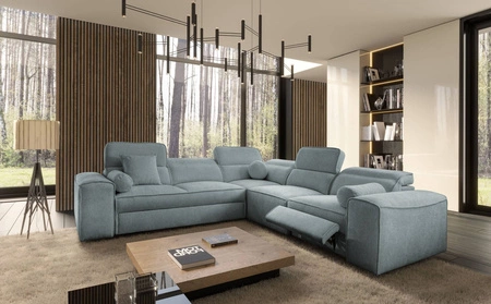 Ecksofa mit Schlaffunktion Viano III Lux grau blau rechts modernes Ecksofa mit ausziehbarem Fußteil Bettzeugcontainer