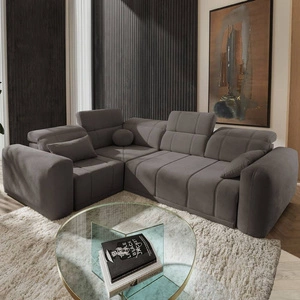 Ecksofa mit Schlaffunktion Cetara II grau braun linksseitig stilvolles Design verschiebbare Rückenlehnen verstellbare Kopfstützen und Bettzeugcontainer