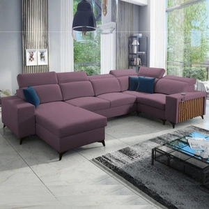 Ecksofa mit Schlaffunktion Kelly IV heather links Samt komfortables Ecksofa verstellbare Kopfstützen seitlich mit Lamellen eingefasst