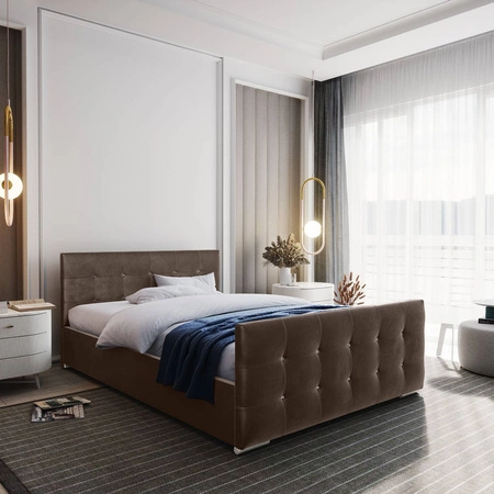 Polsterbett Alford 160x200 hellbraun mit Stauraum im modernen skandinavischen Stil mit gestepptem Kopf- und Fußteil mit Kristallen verziert