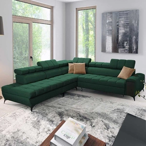 Ecksofa mit Schlaffunktion Bolmso IX grün links bequemes Ecksofa für Wohnzimmer mit Schublade Bettzeug Container stilvolles Design