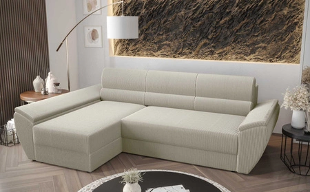 Ecksofa mit Schlaffunktion Fogu III elfenbeinfarben links stilvolles Ecksofa mit Armlehnen Container für Bettzeug Kordstoff