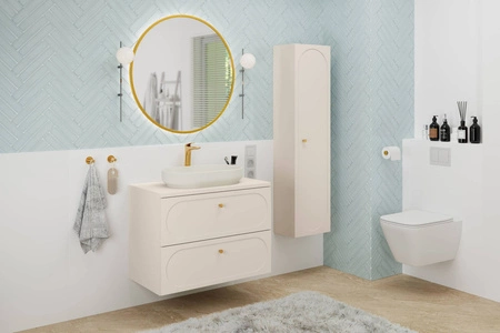 Waschtischunterschrank Donna Sand 80 cm beige eleganter Hängeschrank mit dekorativer Umrandung goldene Griffe aus Metall