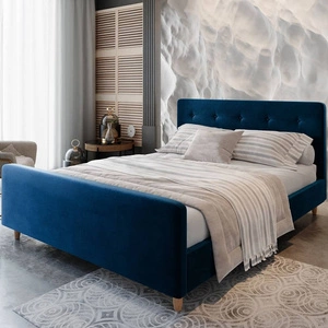 Polsterbett Isara 140x200 navy blau mit Stauraum im modernen skandinavischen Stil mit markantem Kopf- und Fußteil
