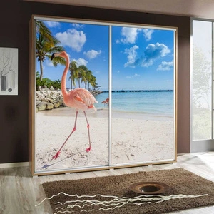 Artistino 205 cm Schiebeschrank mit Flamingo-Grafik Schrankkorpus in Eiche Catania aus 22 mm starker Platte