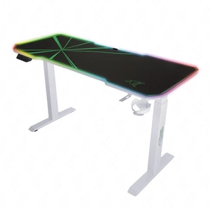 E-Talisman Gaming-Schreibtisch weiß / grün höhenverstellbare Platte vollständig mit Pad mit LED-Beleuchtung abgedeckt