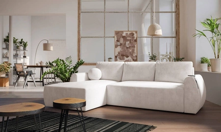 Ecksofa mit Schlaffunktion Colio creme linke Seite stilvolles Ecksofa mit interessanter Form Veloursstoff Zierkissen Ball