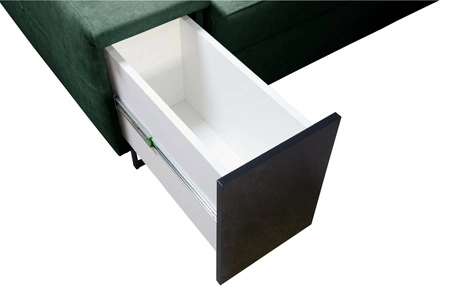 Ecksofa mit Schlaffunktion Alcamo grün rechte Ecke elegantes und stilvolles Ecksofa mit einer ausziehbaren praktischen Schublade an der Seite des Möbels