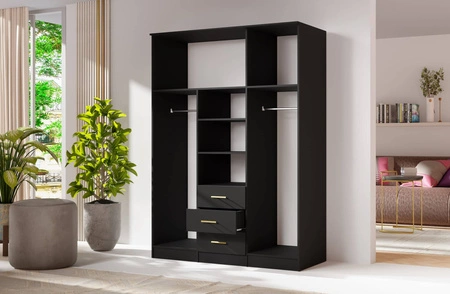 Kleiderschrank Adel 150 cm schwarz elegantes Design klassische Form der Garderobe mit Spiegel für Schlafzimmer oder Kleiderschrank geräumige Schubladen goldene Griffe