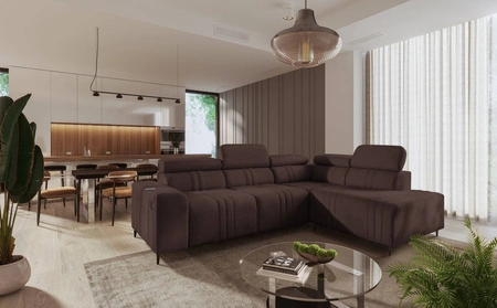 Ecksofa mit Schlaffunktion Castel VII braun rechtsseitig stilvolles Ecksofa mit Bettzeugablage und verstellbaren Kopfstützen