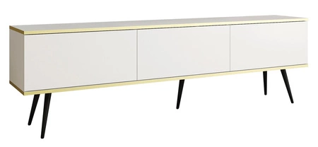 TV-Schrank Luxury 175 cm weißer eleganter Design-Korpus mit goldener Zierleiste Schrank auf schwarzen Metallbeinen