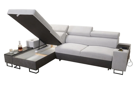 Ecksofa mit Schlaffunktion Flavio arktisblau links bequemes elegantes Ecksofa mit einer seitlich zu öffnenden Verlängerungsstange des Möbels