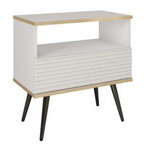 Nachttisch mit Schublade Luxury weiß eleganter Designschrank mit goldener Zierleiste Schrank mit geriffelter Front schwarze hohe Beine