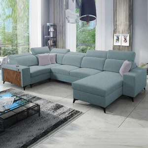 Ecksofa mit Schlaffunktion Kelly IV arctic blue rechte Seite geflochtenes bequemes Ecksofa verstellbare Kopfstützen seitlich mit Lamellen verziert