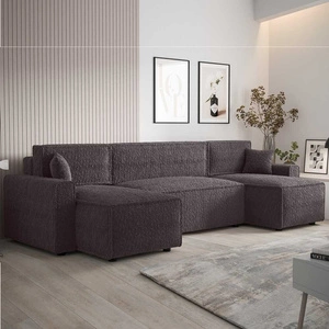 Ecksofa mit Schlaffunktion Brandon U Bis graphitfarbener Bettkasten Armlehnen Stoff mit markanter Schlingenoberfläche