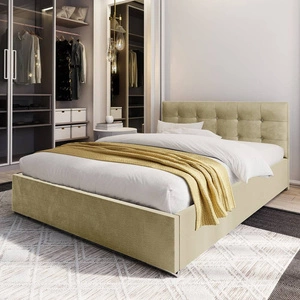 Polsterbett Mona 140x200 beige mit Container im modernen skandinavischen Stil mit gestepptem Kopfteil mit Kristallen