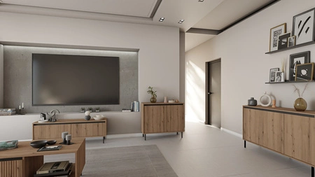 Osaka 100 cm Kommode Eiche evoke / schwarz minimalistisches Design perfekt für Wohn- und Schlafzimmer geschmackvolle geriffelte Front