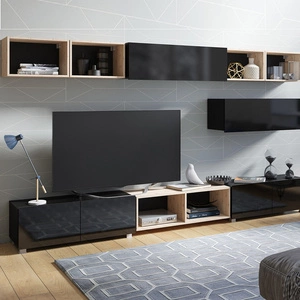 Möbelwand Apulia XXVI schwarz glänzend / Eiche handwerklich extrem stilvoll Möbelwand einfache Einheiten, die in jedes Interieur passen