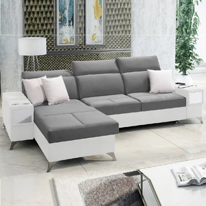 Ecksofa mit Schlaffunktion Elgin grau / weiß linkes Ecksofa mit verstellbaren Kopfstützen praktische Schubladen in den Möbelseiten