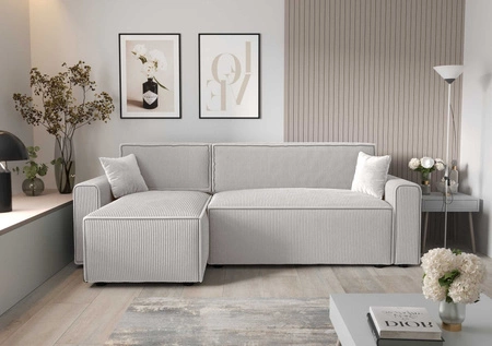 Ecksofa mit Schlaffunktion Brandon Bis Elfenbein links dreidimensionaler Stoff mit ausdrucksstarken Streifen Bettkasten