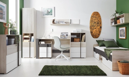 Schreibtisch Remona 130 cm Eiche wilton weiß / weiß / anthrazit mit einem Schrank auf Rollen stilvoll und funktional für das Büro, Arbeitszimmer oder Jugendzimmer