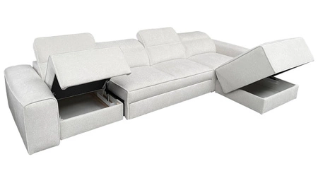 Ecksofa mit Schlaffunktion Viano XII grau blau rechtes Ecksofa mit interessanter Form verstellbare Kopfstützen Zierkissen