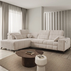 Ecksofa mit Schlaffunktion Penejos VII beige linke Seite stilvolles Ecksofa mit Bettzeugablage komfortable verstellbare Kopfstützen