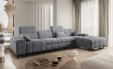 Ecksofa mit Schlaffunktion Penejos XII grau rechtsseitig stilvolles Ecksofa mit Bettzeugcontainern komfortable verstellbare Kopfstützen