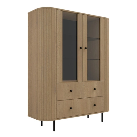 Vitrina Ovalio 123 cm Eiche cremona Designer Vitrine für Wohnzimmer mit ovaler Form und dekorativen Fräsungen geräumige Schubladen