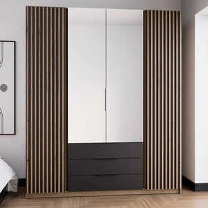 Kleiderschrank mit Spiegel Kastano V 200 cm Eiche evoke / schwarz stilvolles Design Kleiderschranktür mit Eiche evoke Lamellen verziert