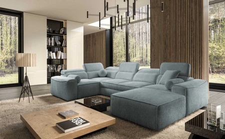 Ecksofa mit Schlaffunktion Viano IV grau-blau rechts Designer-Ecksofa das sich perfekt in moderne Einrichtungen einfügt